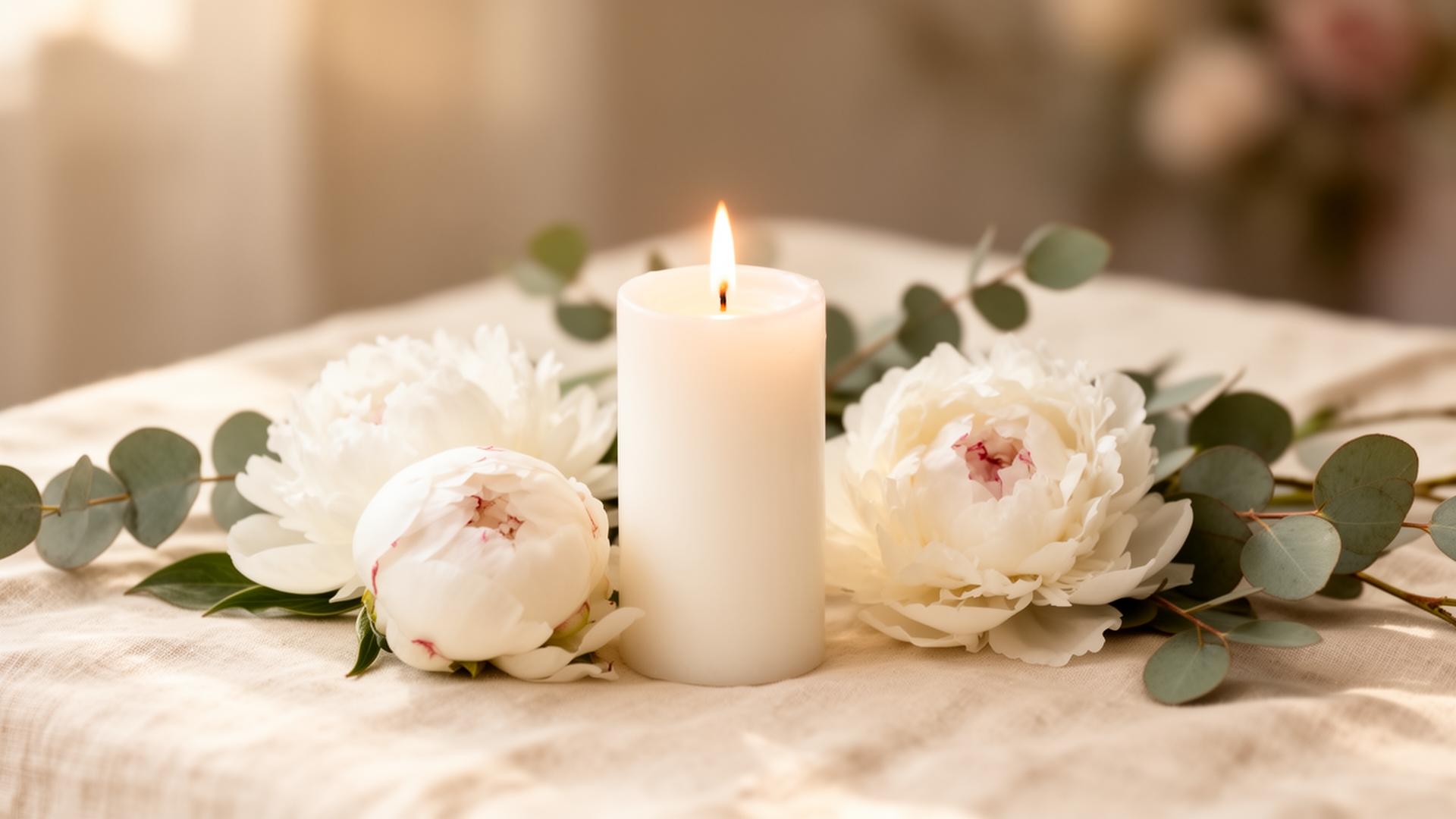 A peaceful candle surrounded by white peonies